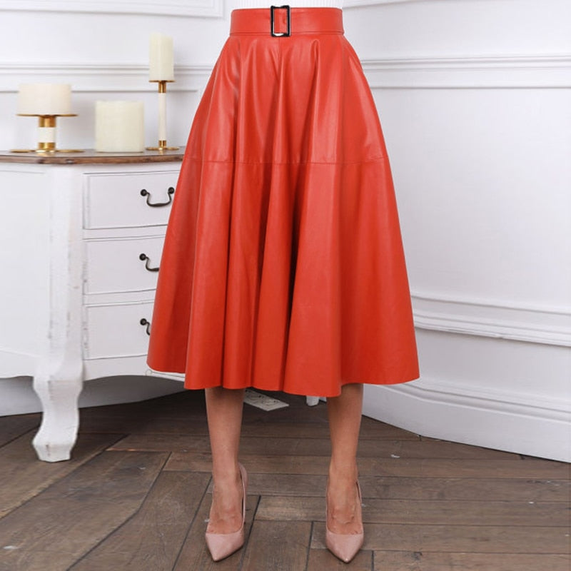 Faux Leather A-Line Skirt with Belt