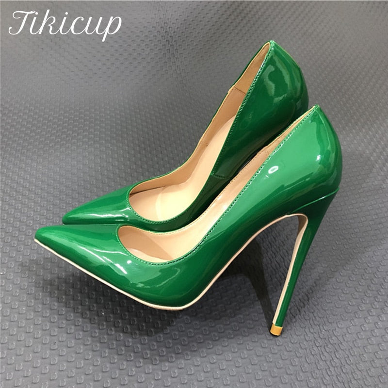 Olive Green Glossy Patent High Heel Pointed Toe Slip Stiletto