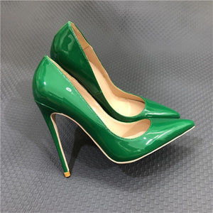 Olive Green Glossy Patent High Heel Pointed Toe Slip Stiletto