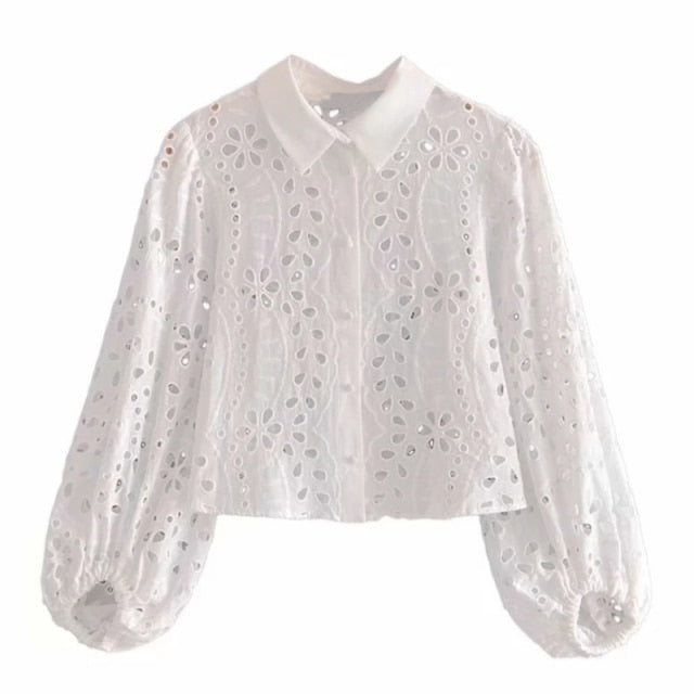 Embroidered Cotton Puff Sleeve Shirt