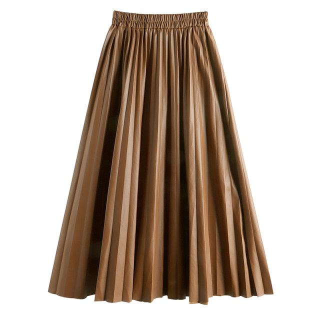 Faux Leather Pleated Long Skirt
