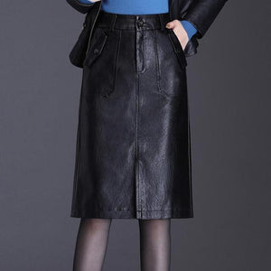 Faux Leather Straight Knee-Length Skirt