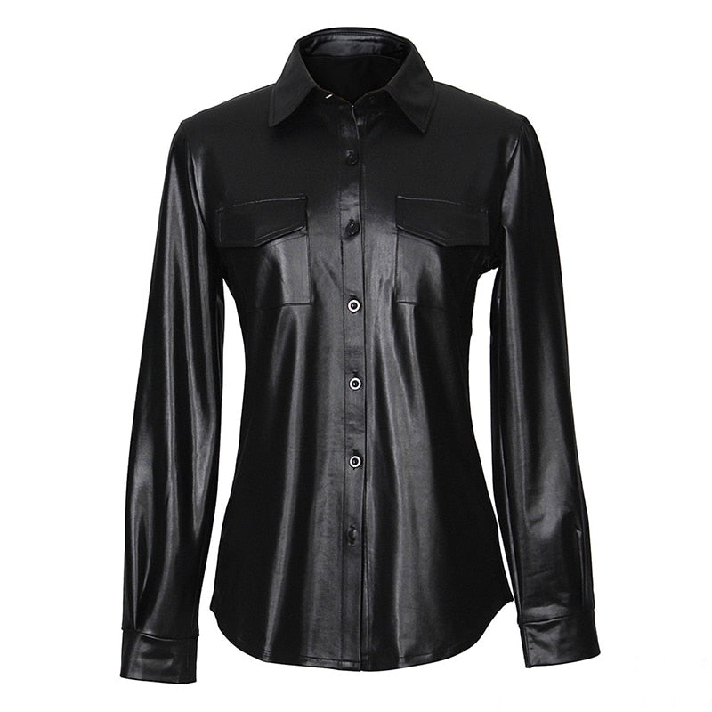Ladies Faux Leather Long-Sleeve Shirt