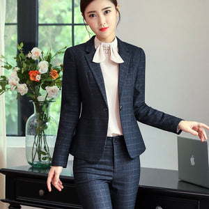 Women's Business Plaid Blazer and Trousers Work Wear