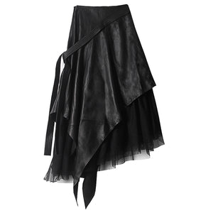 Faux Leather High Waist A-line Irregular Skirt With Mesh Lining