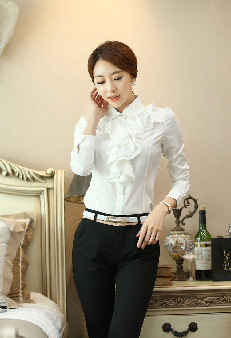 Ruffles Design Long Sleeve White Shirt Blouse